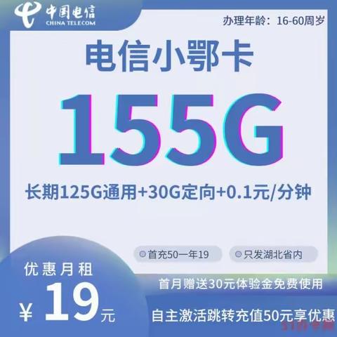 湖北电信星卡小鄂卡19元155G流量