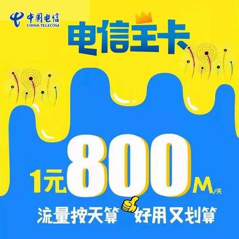 电信王卡 1000分钟国内通话+1天1元800M国内流量，流量按天算，好用又划算！