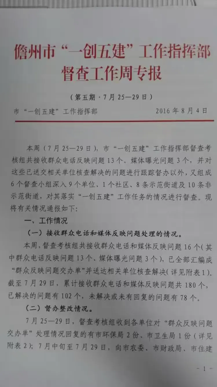 儋州市"一创五建"工作指挥部督查工作周专报