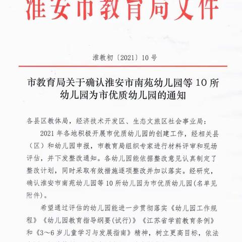 热烈祝贺军民花园幼儿园被评为“淮安市优质幼儿园”！