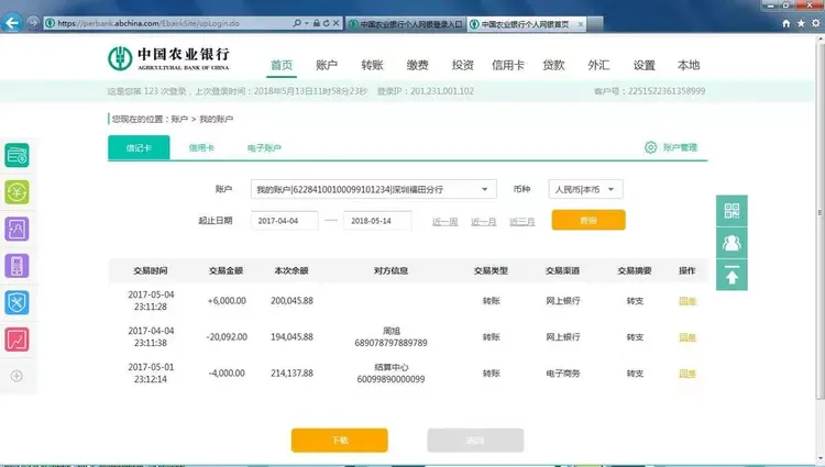 农业银行网银交易明细 价高