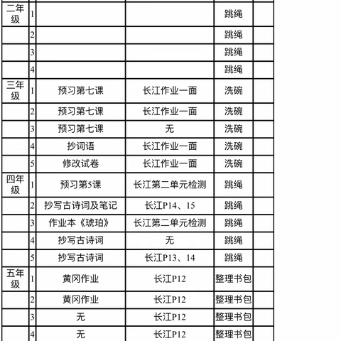 龙感湖中心小学家庭作业公示（3月1日）