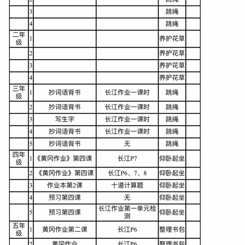 龙感湖中心小学家庭作业公示（2月22日）