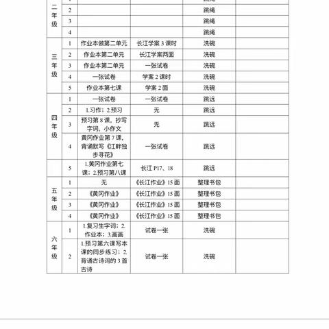 龙感湖中心小学家庭作业公示（3月4日）