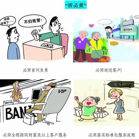 【漫话网点服务】●普通区“五个一”服务●贵宾区“七个一”服务●厅堂服务“四不准、四必须”●“八点服务
