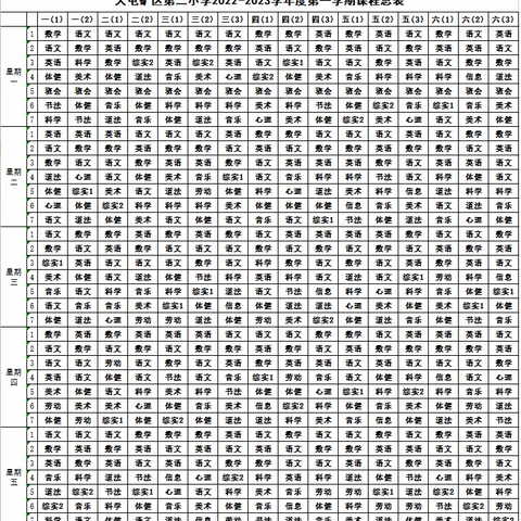 大屯矿区第二小学2022-2023学年度第一学期课程总表