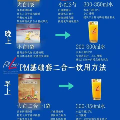 德国pm早补晚排暖炉养身，97种营养，两杯果汁焕活细胞原动力。
