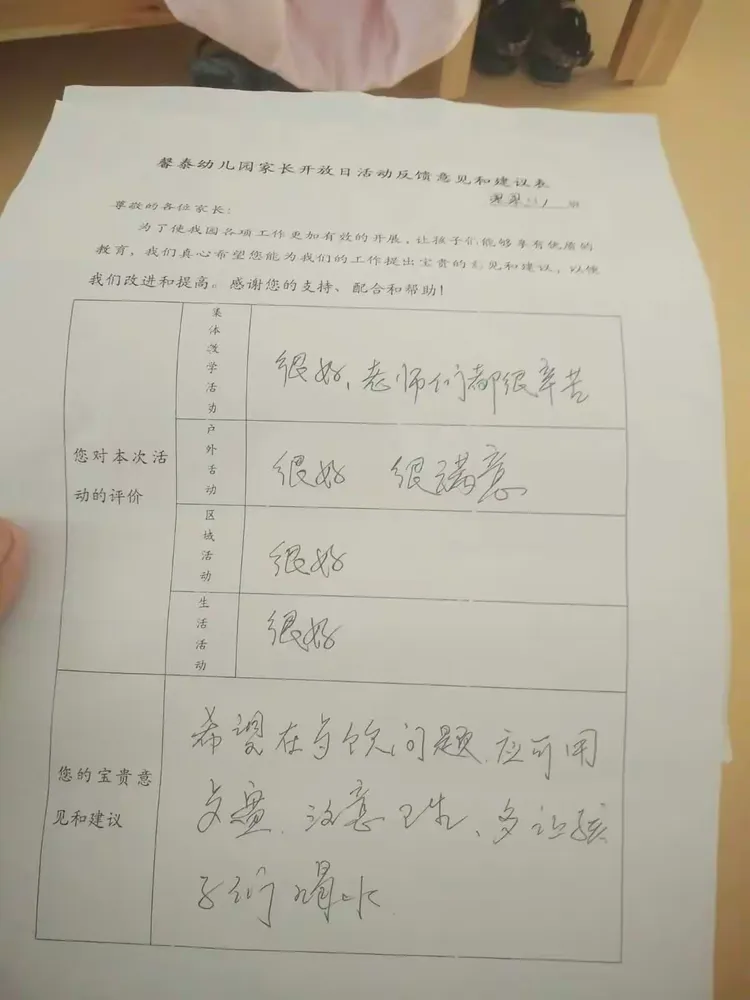 馨泰幼儿园果果一班家长开放日活动之家长反馈意见和建议回复