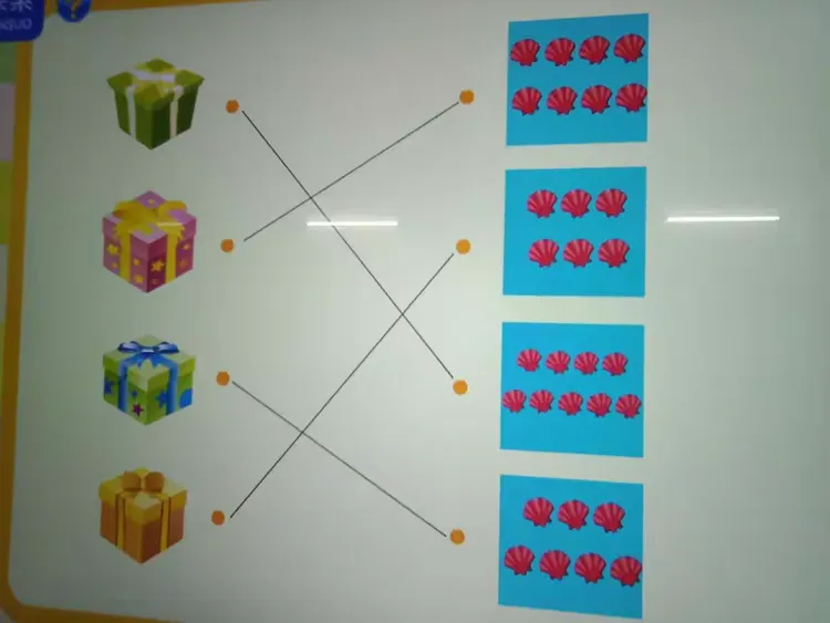 从上往下数，第一个盒子贝壳最多，第四个盒子贝壳最少，按规律顺序连线，这四个盒子分别有几个贝壳?