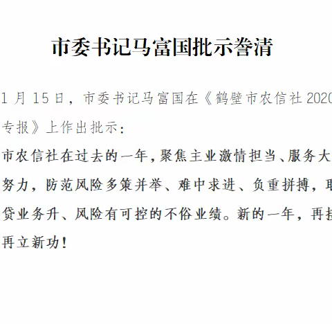 鹤壁市农信社2020年改革发展稳定工作获市委市政府主要领导批示表扬