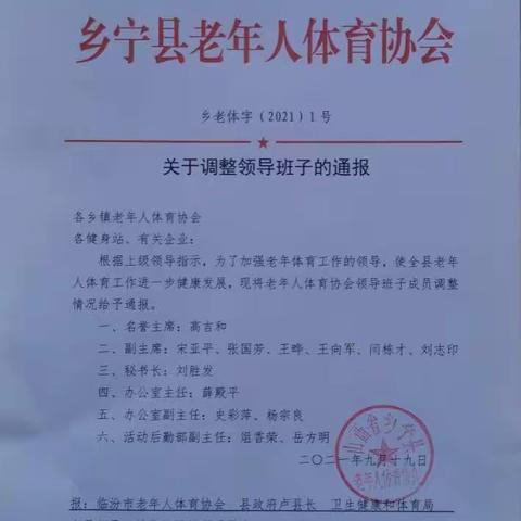 乡宁县老年人体育协会新增领导班子成员