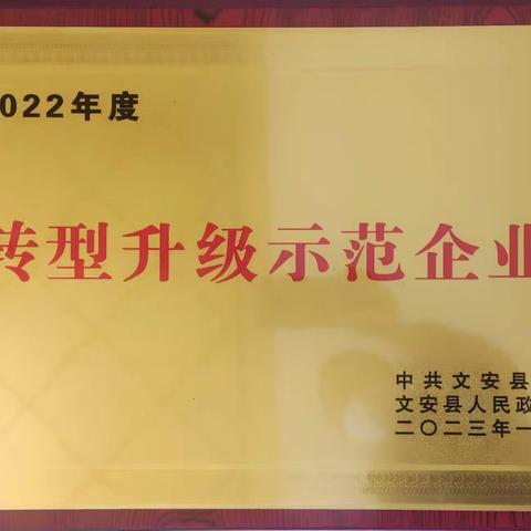 热烈庆祝五棵松集团荣获文安县2022年度转型升级示范企业