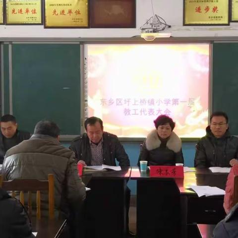 齐心协力，共创辉煌一一东乡区圩上桥镇小学第一届教代会胜利召开。