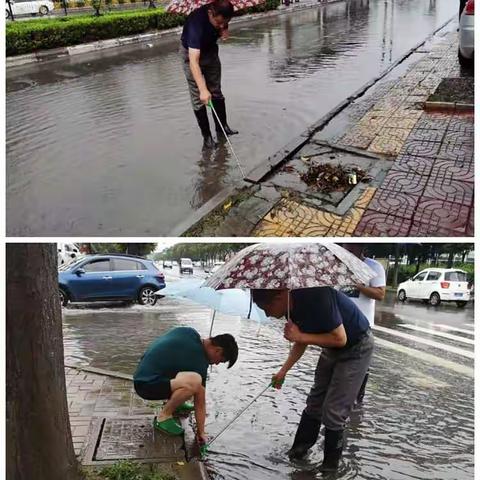 暴雨过后，环卫系统立即组织人员清洁道路