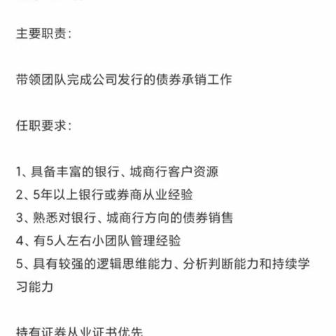 债券承销负责人（银行机构方向债券销售）