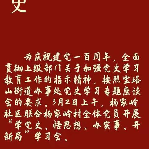 【筑梦宝塔   智联杨家岭  】杨家岭社区联合杨家岭村开展党史学习分享会