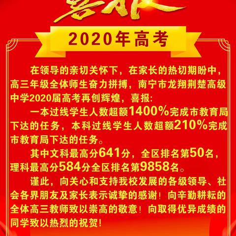 南宁市龙翔荆楚高级中学2020届高考喜报