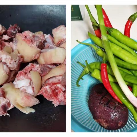 周末最美餐桌（营养均衡之四菜一汤）。菜谱:黄豆焖猪蹄；炒武冈猪血丸子，双椒炒蛋；火腿肠挑土豆；清炒莴笋叶。