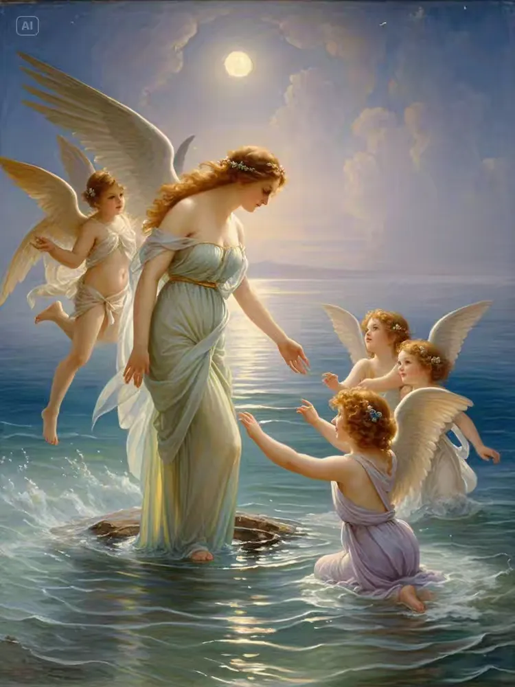 天使与三个小天使互动的画面,总是给人以温馨的感觉