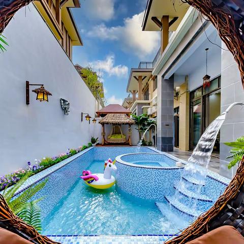 【惠州亲子别墅】木屋带滑梯6房11床•东南亚风情温泉～泳池度假别墅！