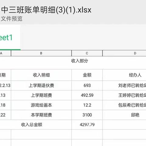 亲爱的家长们大家晚上好！给大家公布一下，近期本班班费收支明细及使用情况。请大家抽空看一下💖💖