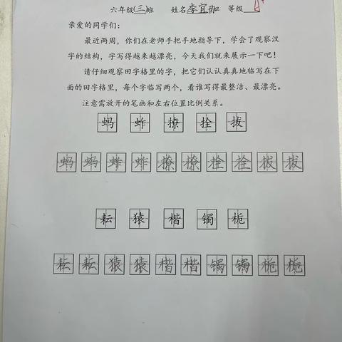 六年级A1A2A3书写练习展示