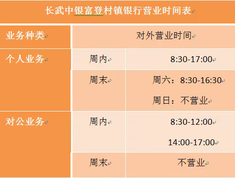 长武中银富登村镇银行关于恢复对外营业时间的公告