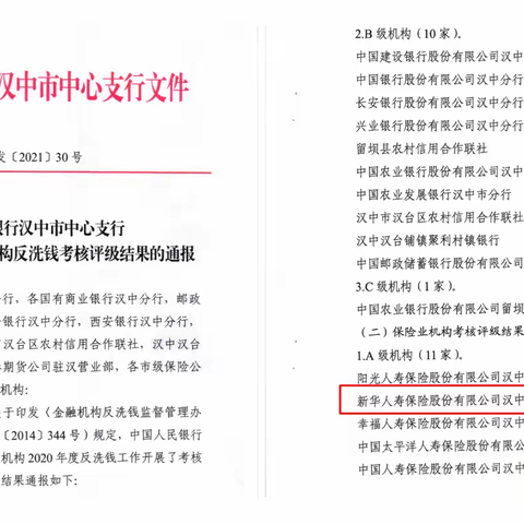 新华保险汉中中支被评为汉中市“2020年度金融机构反洗钱A级机构”