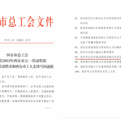 固体废物与化学品处荣获“西安市工人先锋号”称号