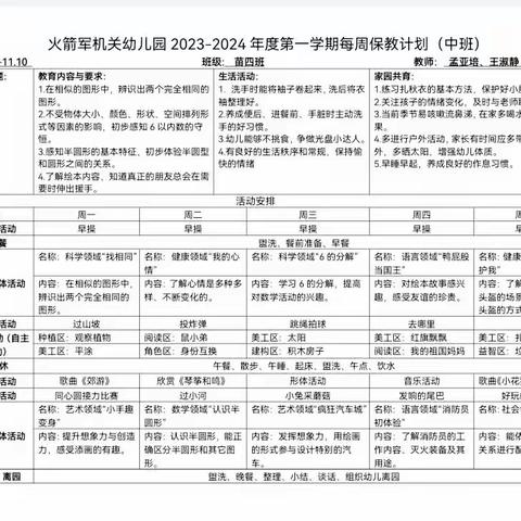 火幼2023年苗四班11月第一周周计划及食谱