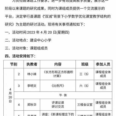 大田县建设中心小学2022年县级立项课题TKTX–22116《“双减”背景下小学数学优化课堂教学结构的研究》研讨活动