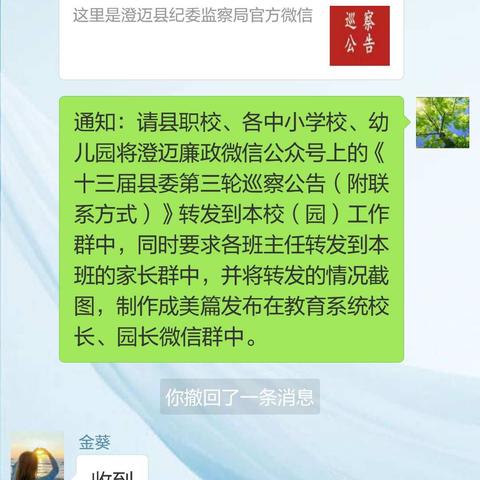 昆仑中心幼儿园将《十三届县委第三轮巡察公告》转发工作群、家长群简讯