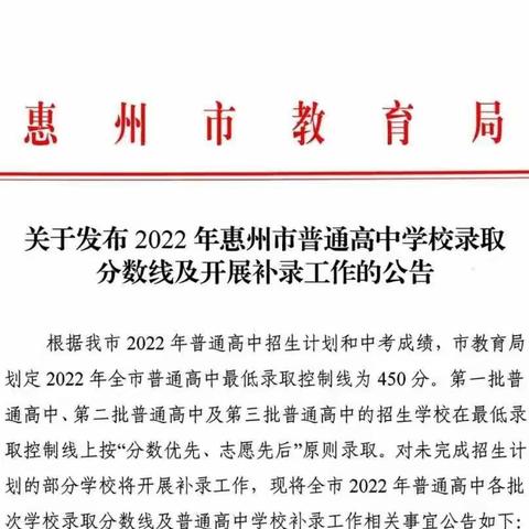 2022年惠州市普通高中学校及中职(技工)学校 录取分数线