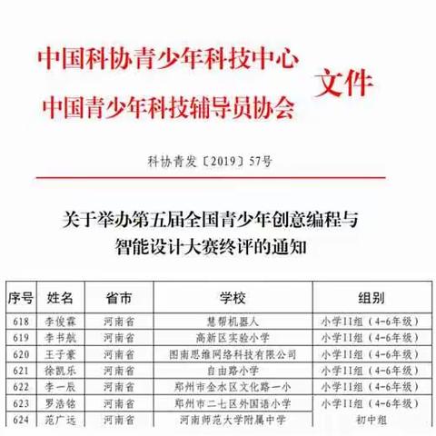 恭喜高新区实验小学李书航同学在全国第五届scratch编程比赛获全国二等奖