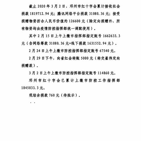 公示 | 邓州市红十字会新冠肺炎疫情捐赠情况（2020年3月2日）