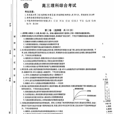 2023年高三理科综合考试