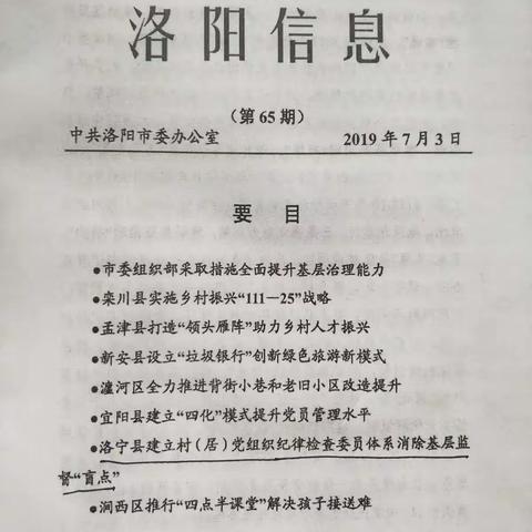 洛宁县建立村（居）党组织纪律检查委员体系消除基层监督“盲点”《洛阳信息》第65期