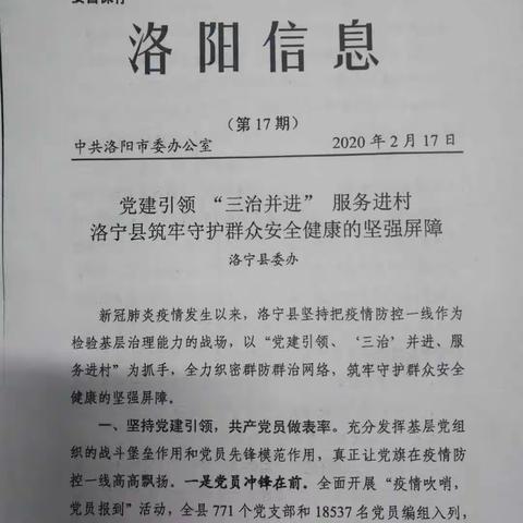 党建引领“三治并进”服务进村  洛宁县筑牢守护群众安全健康的坚强屏障《洛阳信息》第17期