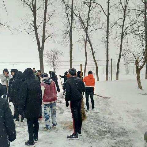 大雪封路，师生清理积雪。