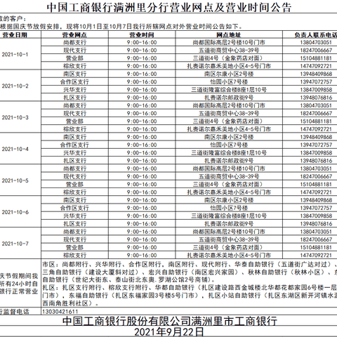 中国工商银行满洲里分行十一国庆周期间网点营业时间公告