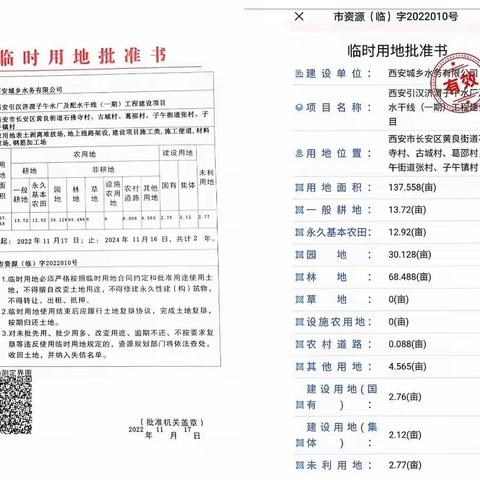 西安引汉济渭子午水厂及配水干线（一期）工程进厂段输水管线取得临时用地批准书及林业采伐证