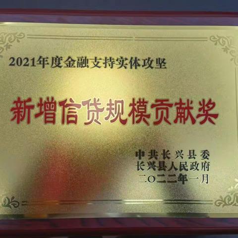 长兴县支行荣获2021年度金融支持实体攻坚贡献奖