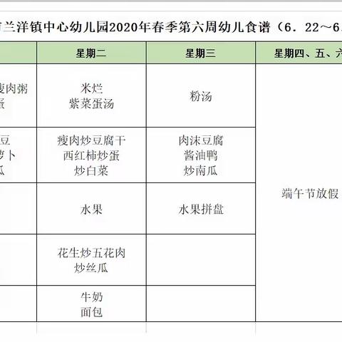 儋州市兰洋镇中心幼儿园2020年春季学期第六周幼儿食谱