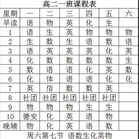 2022—2023年第二学期高二课程表