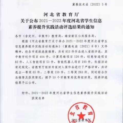 沙河市在河北省学生信息素养提升实践活动中获佳绩！