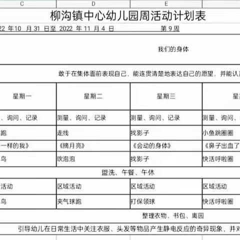 中一班第九周教学内容