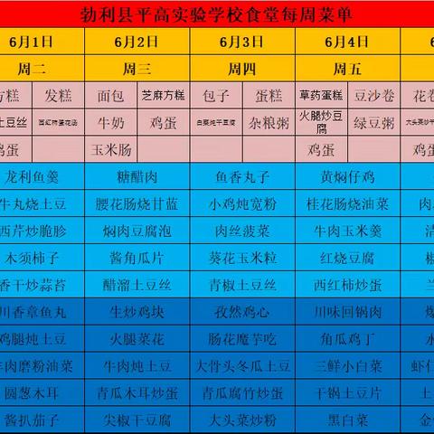 平高实验学校第十三周——十四周菜谱