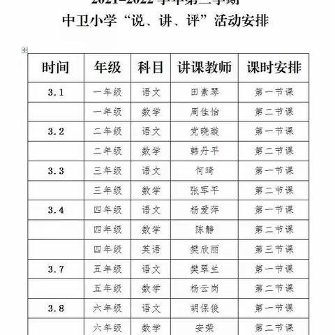 “课堂教学展风采                            听课评课促成长”                   ——中卫小学说讲评活动