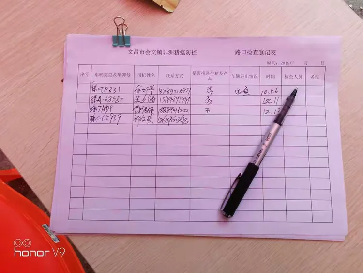会文镇检查点的登记台账