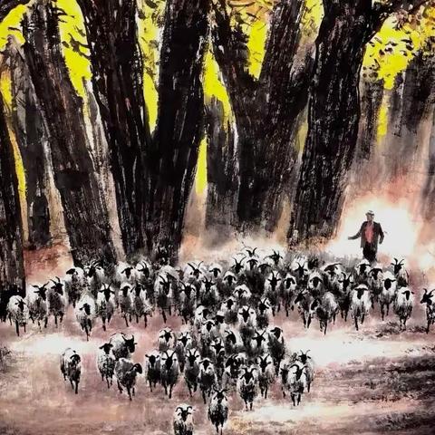 诗配画一《金色牧歌》和《七绝·额济纳胡杨林》